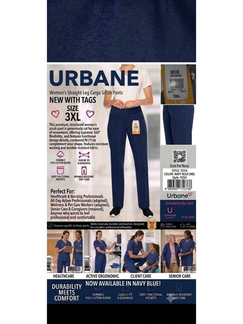 NWT Urbane Impulse Women Scrub Pants Navyl Blue Size 3XL 3X Straight Leg 9207